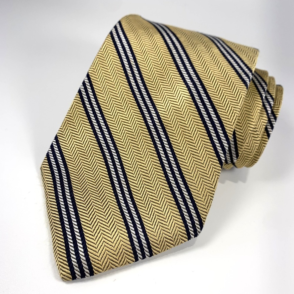 Vintage Brooks Brothers Makers Mens Tie Gold & Blue Striped 100% Silk Repp